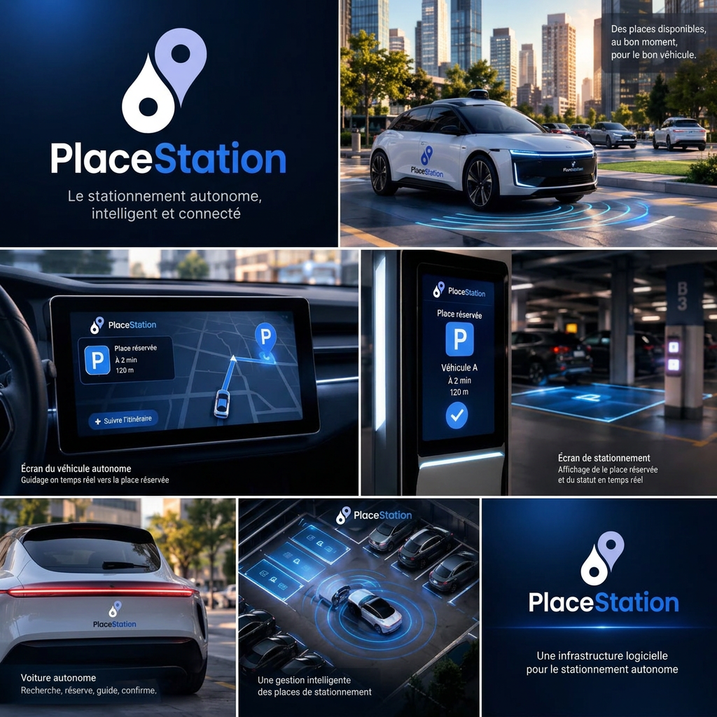 Présentation de l'écosystème PlaceStation : véhicule autonome en ville, écran de bord, place de parking illuminée et gestion numérique des places