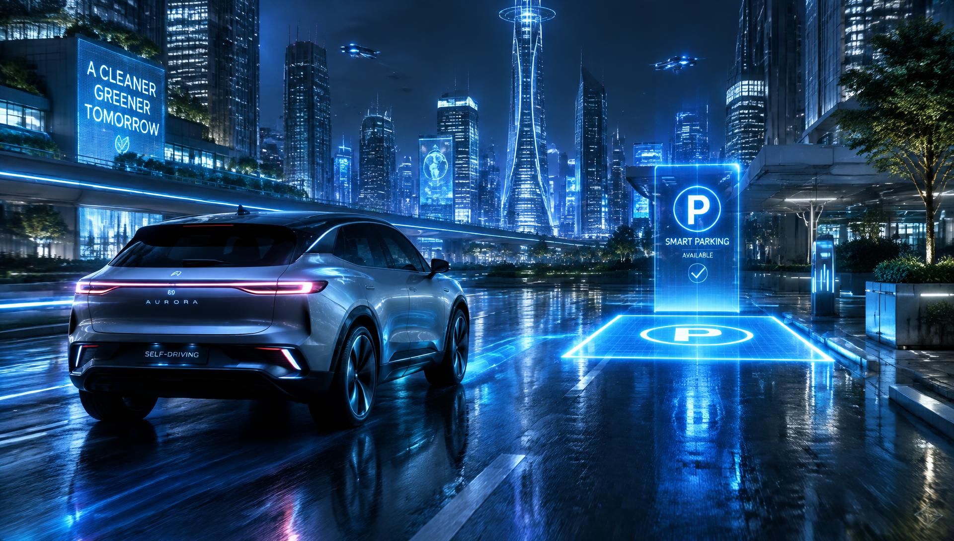 Véhicule autonome approchant une place de stationnement connectée