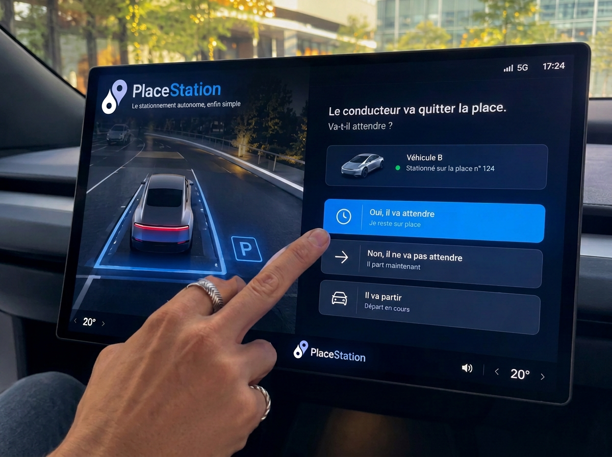 Main d'un passager sélectionnant une option de stationnement sur l'écran de bord d'un véhicule autonome